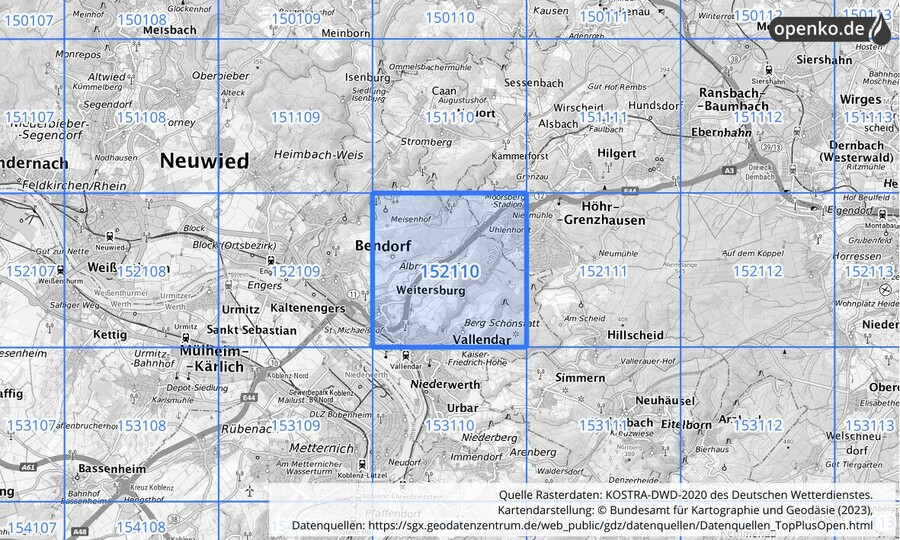 Übersichtskarte des KOSTRA-DWD-2020-Rasterfeldes Nr. 152110