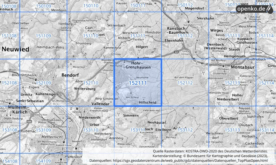 Übersichtskarte des KOSTRA-DWD-2020-Rasterfeldes Nr. 152111