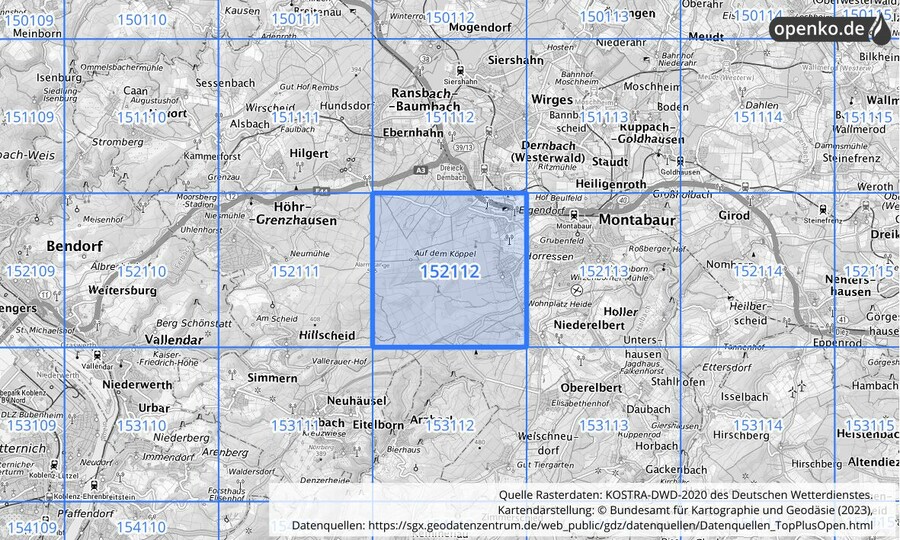 Übersichtskarte des KOSTRA-DWD-2020-Rasterfeldes Nr. 152112