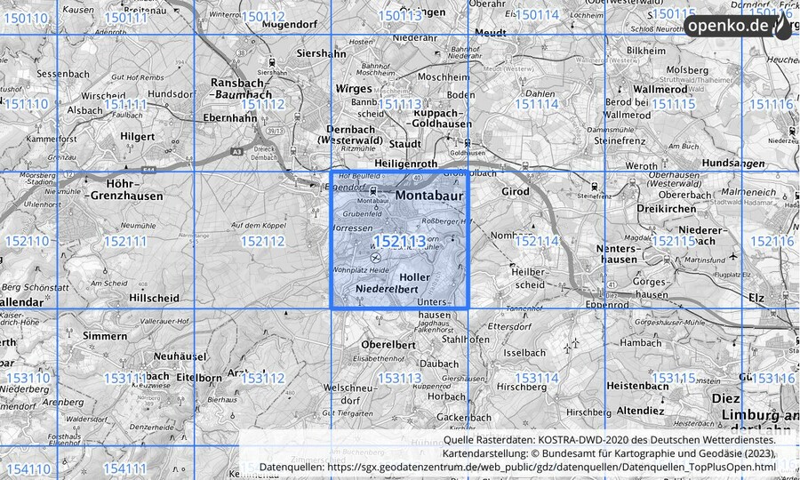 Übersichtskarte des KOSTRA-DWD-2020-Rasterfeldes Nr. 152113