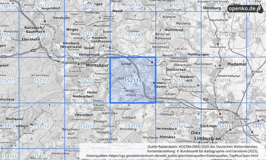 Übersichtskarte des KOSTRA-DWD-2020-Rasterfeldes Nr. 152114