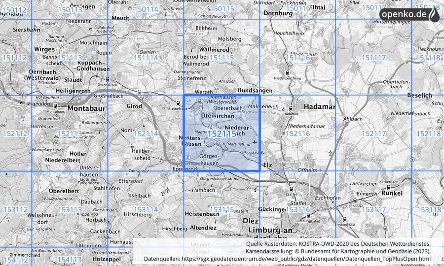 Übersichtskarte des KOSTRA-DWD-2020-Rasterfeldes Nr. 152115