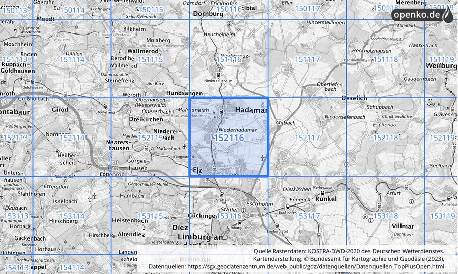 Übersichtskarte des KOSTRA-DWD-2020-Rasterfeldes Nr. 152116