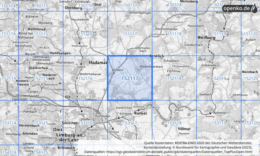 Übersichtskarte des KOSTRA-DWD-2020-Rasterfeldes Nr. 152117