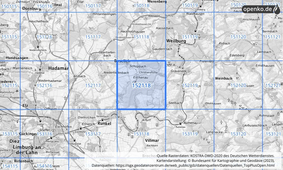 Übersichtskarte des KOSTRA-DWD-2020-Rasterfeldes Nr. 152118