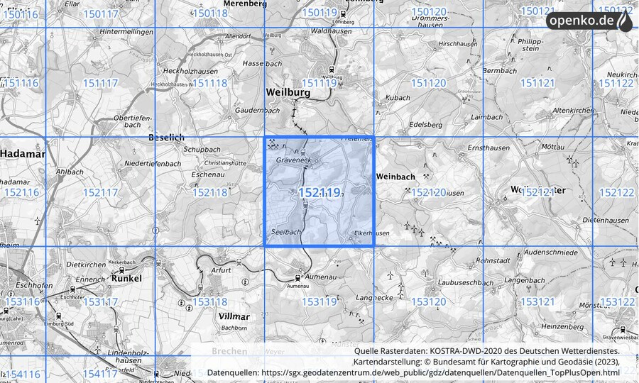 Übersichtskarte des KOSTRA-DWD-2020-Rasterfeldes Nr. 152119
