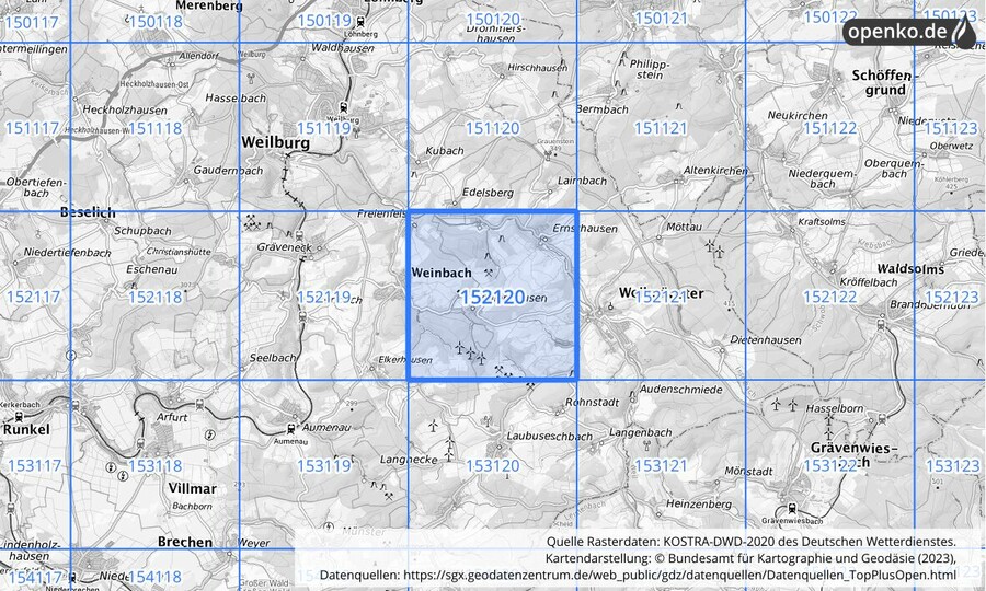 Übersichtskarte des KOSTRA-DWD-2020-Rasterfeldes Nr. 152120