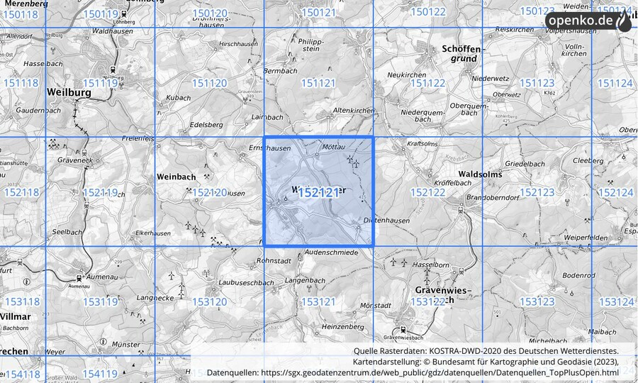 Übersichtskarte des KOSTRA-DWD-2020-Rasterfeldes Nr. 152121