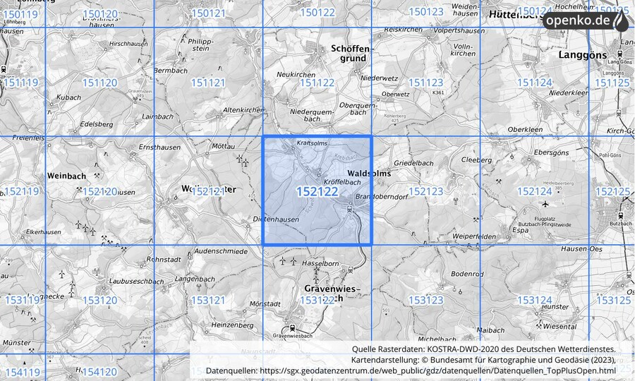 Übersichtskarte des KOSTRA-DWD-2020-Rasterfeldes Nr. 152122