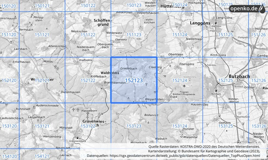 Übersichtskarte des KOSTRA-DWD-2020-Rasterfeldes Nr. 152123