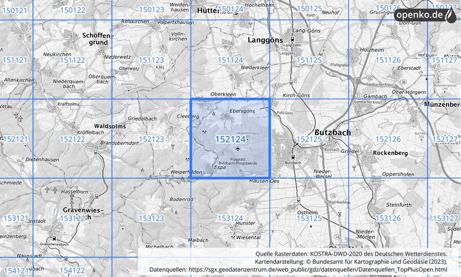 Übersichtskarte des KOSTRA-DWD-2020-Rasterfeldes Nr. 152124