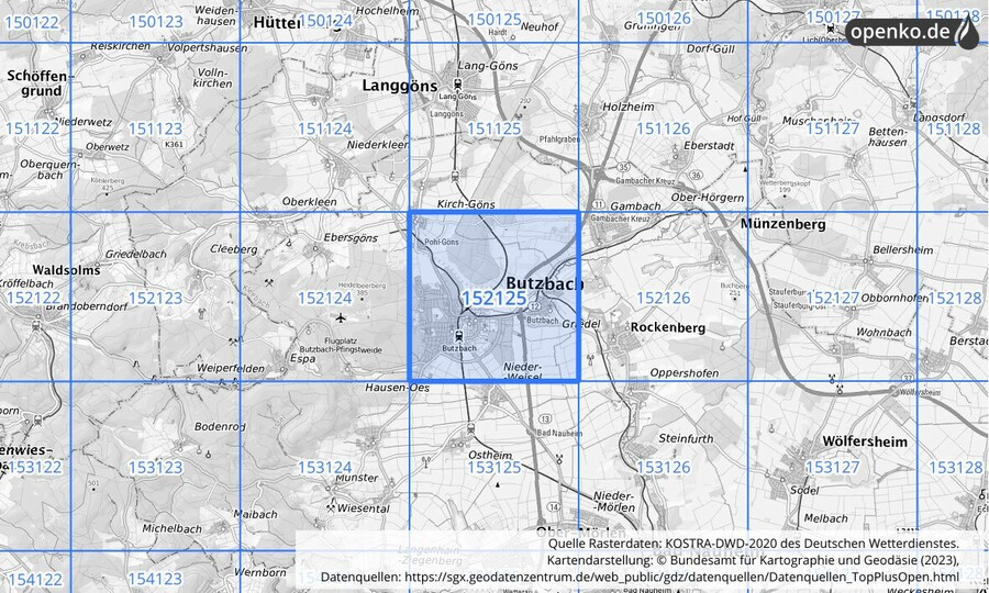 Übersichtskarte des KOSTRA-DWD-2020-Rasterfeldes Nr. 152125