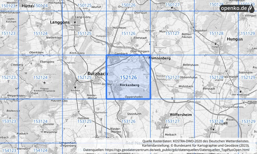 Übersichtskarte des KOSTRA-DWD-2020-Rasterfeldes Nr. 152126