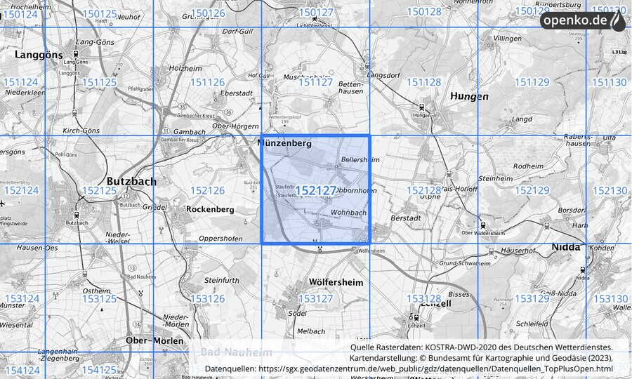 Übersichtskarte des KOSTRA-DWD-2020-Rasterfeldes Nr. 152127