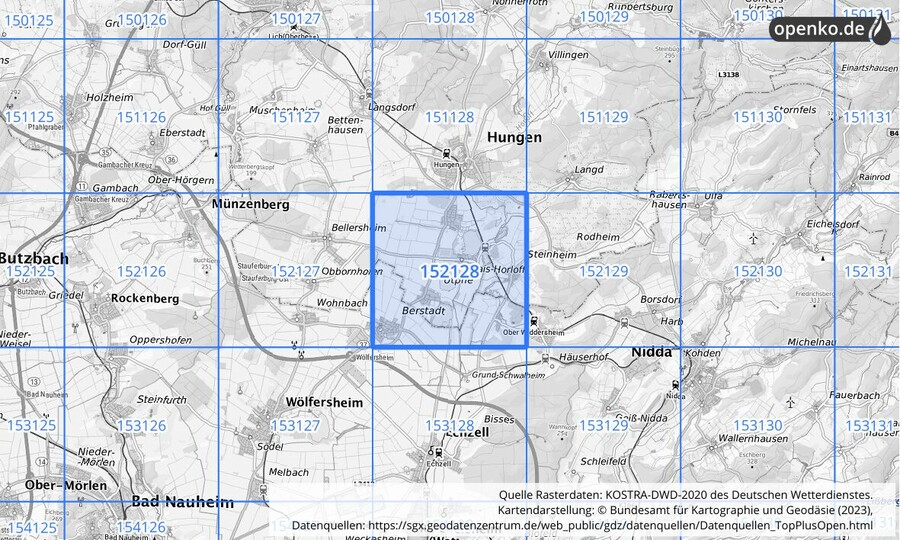Übersichtskarte des KOSTRA-DWD-2020-Rasterfeldes Nr. 152128