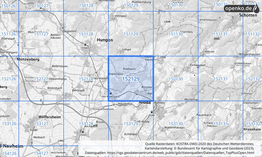 Übersichtskarte des KOSTRA-DWD-2020-Rasterfeldes Nr. 152129
