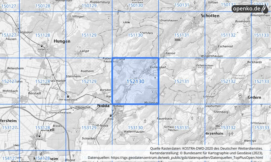 Übersichtskarte des KOSTRA-DWD-2020-Rasterfeldes Nr. 152130