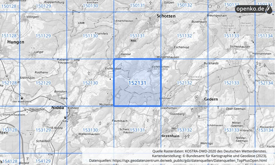 Übersichtskarte des KOSTRA-DWD-2020-Rasterfeldes Nr. 152131