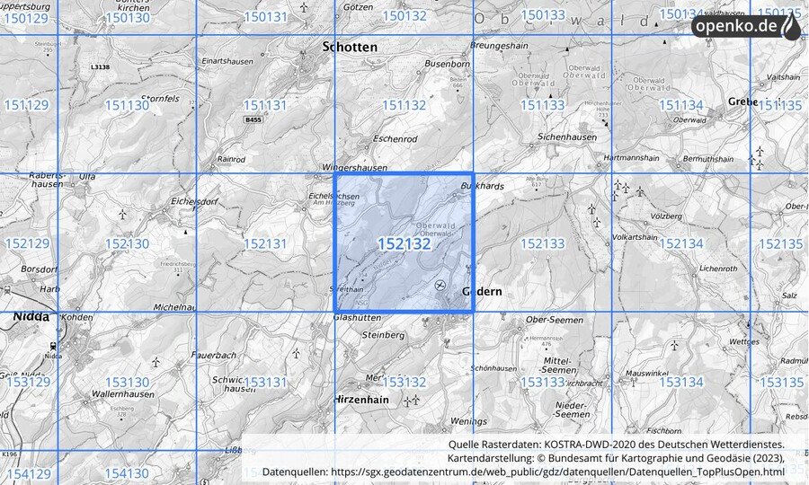 Übersichtskarte des KOSTRA-DWD-2020-Rasterfeldes Nr. 152132