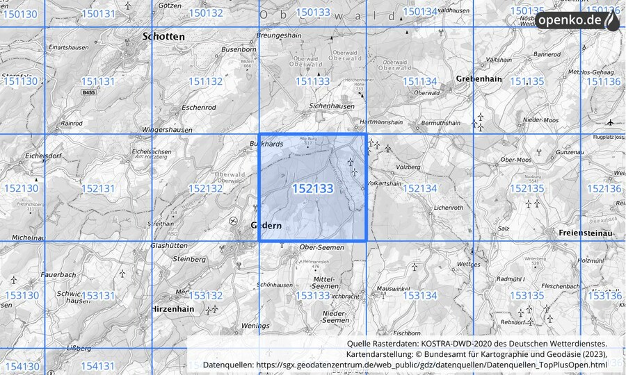Übersichtskarte des KOSTRA-DWD-2020-Rasterfeldes Nr. 152133