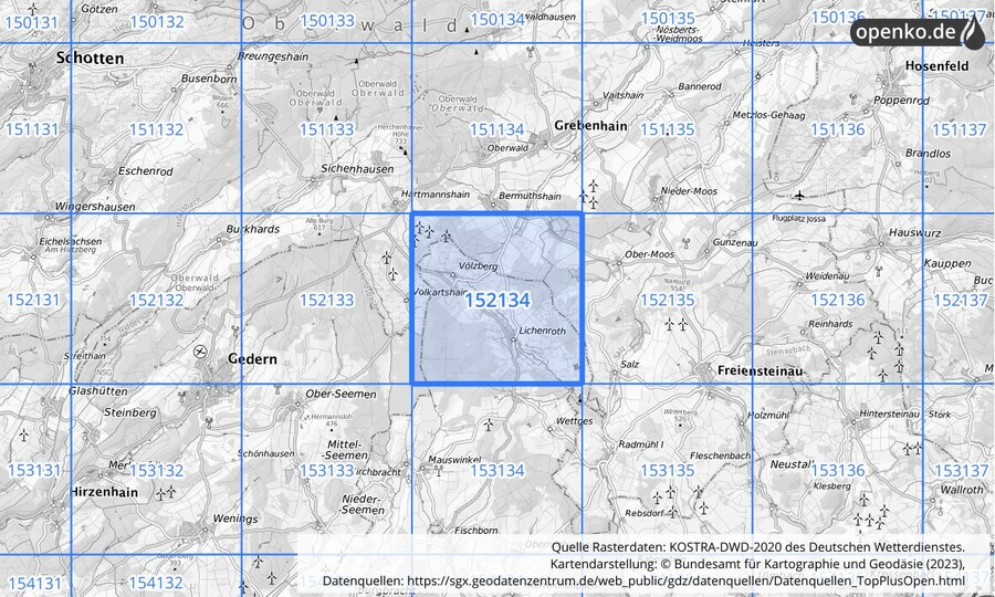 Übersichtskarte des KOSTRA-DWD-2020-Rasterfeldes Nr. 152134