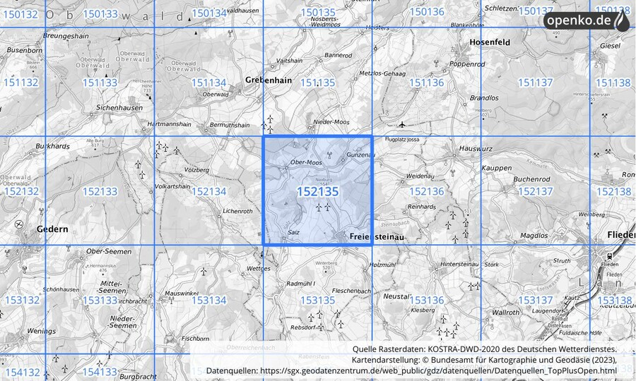 Übersichtskarte des KOSTRA-DWD-2020-Rasterfeldes Nr. 152135