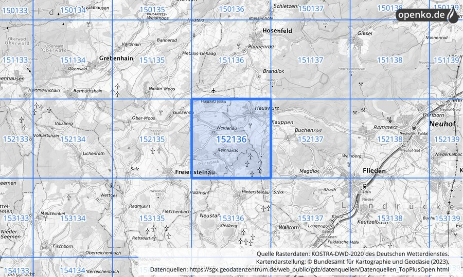 Übersichtskarte des KOSTRA-DWD-2020-Rasterfeldes Nr. 152136