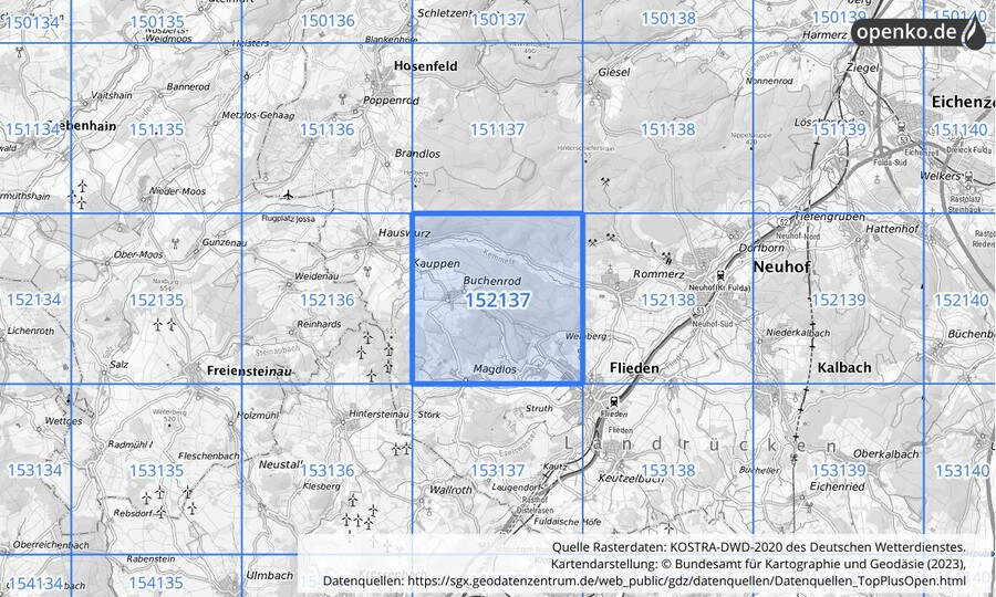 Übersichtskarte des KOSTRA-DWD-2020-Rasterfeldes Nr. 152137