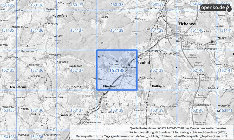 Übersichtskarte des KOSTRA-DWD-2020-Rasterfeldes Nr. 152138