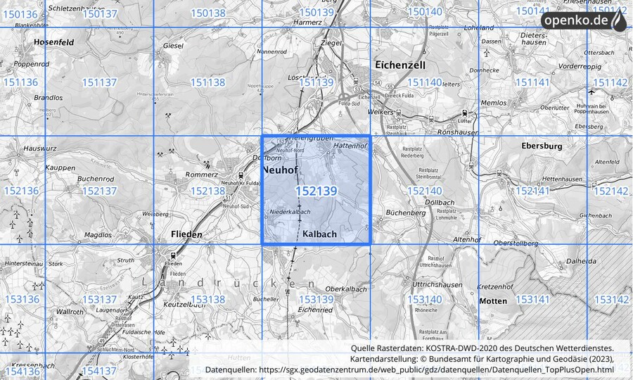 Übersichtskarte des KOSTRA-DWD-2020-Rasterfeldes Nr. 152139