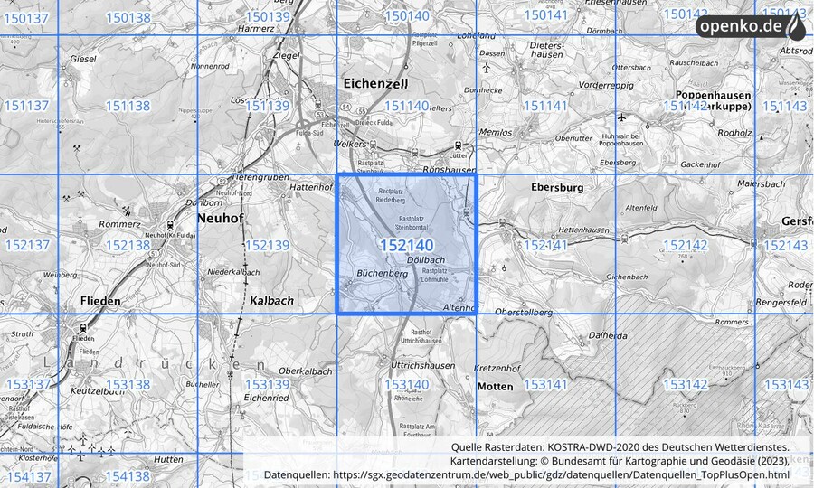 Übersichtskarte des KOSTRA-DWD-2020-Rasterfeldes Nr. 152140