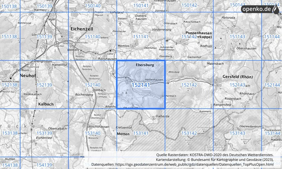 Übersichtskarte des KOSTRA-DWD-2020-Rasterfeldes Nr. 152141
