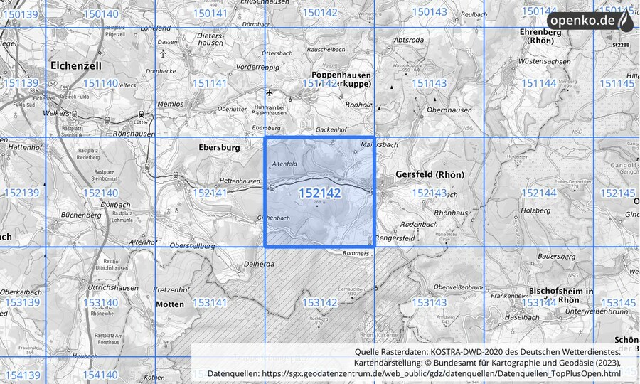 Übersichtskarte des KOSTRA-DWD-2020-Rasterfeldes Nr. 152142