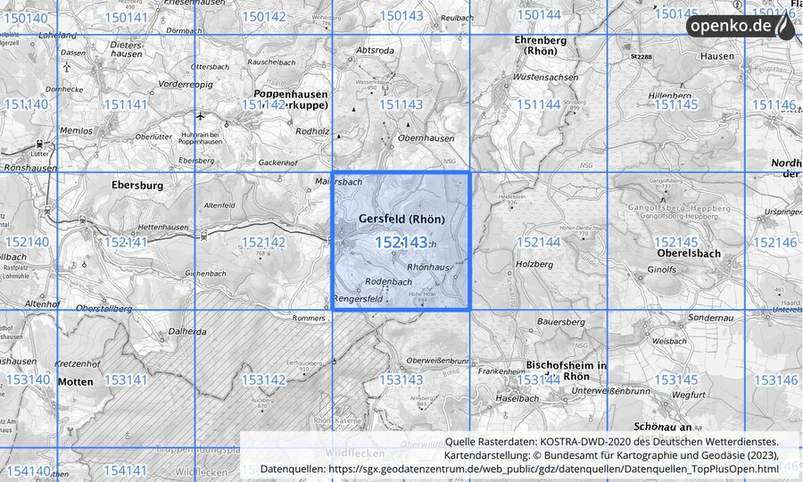 Übersichtskarte des KOSTRA-DWD-2020-Rasterfeldes Nr. 152143