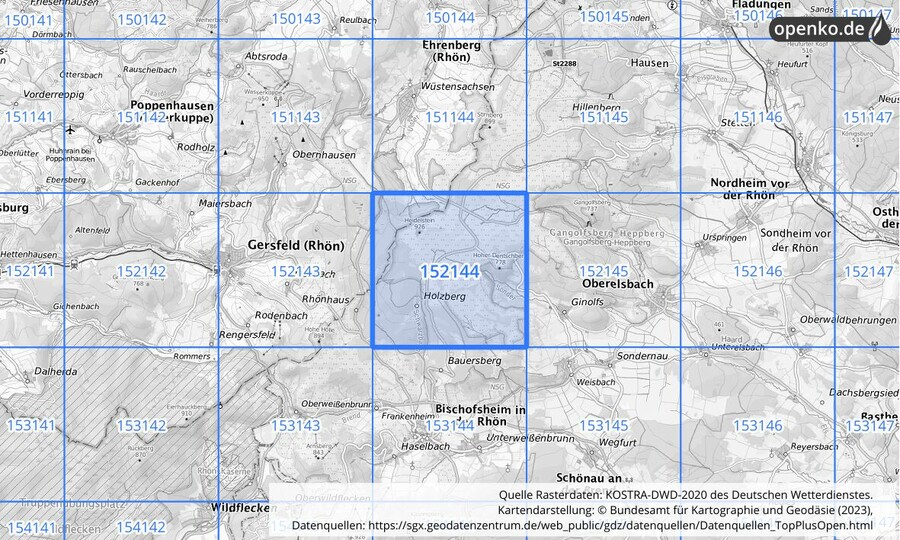 Übersichtskarte des KOSTRA-DWD-2020-Rasterfeldes Nr. 152144