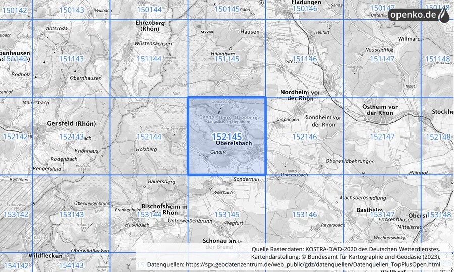 Übersichtskarte des KOSTRA-DWD-2020-Rasterfeldes Nr. 152145