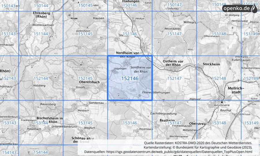 Übersichtskarte des KOSTRA-DWD-2020-Rasterfeldes Nr. 152146