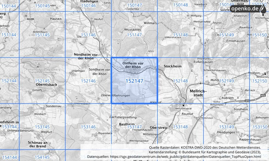 Übersichtskarte des KOSTRA-DWD-2020-Rasterfeldes Nr. 152147