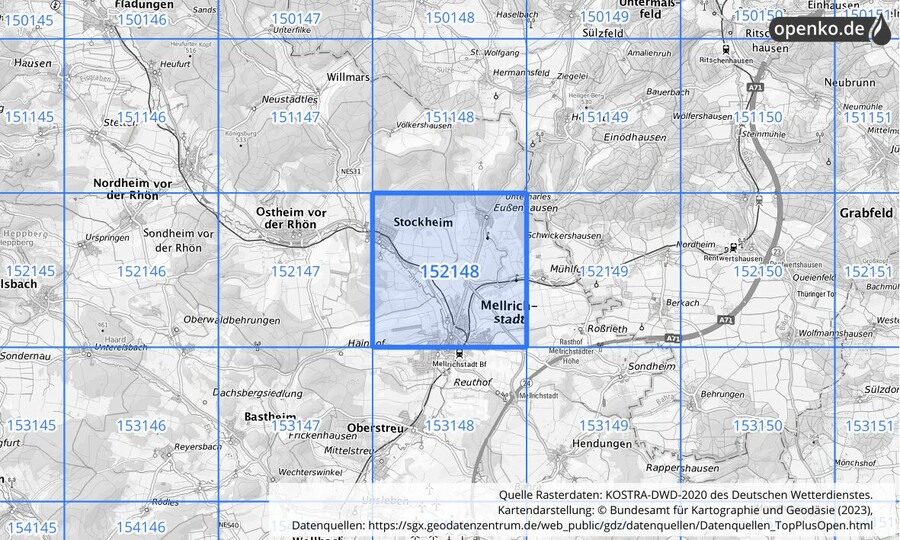 Übersichtskarte des KOSTRA-DWD-2020-Rasterfeldes Nr. 152148