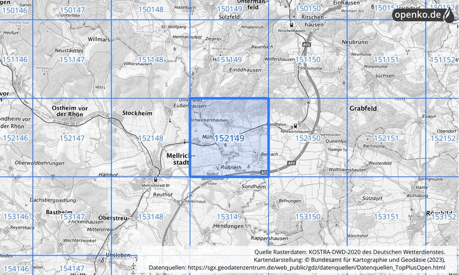 Übersichtskarte des KOSTRA-DWD-2020-Rasterfeldes Nr. 152149