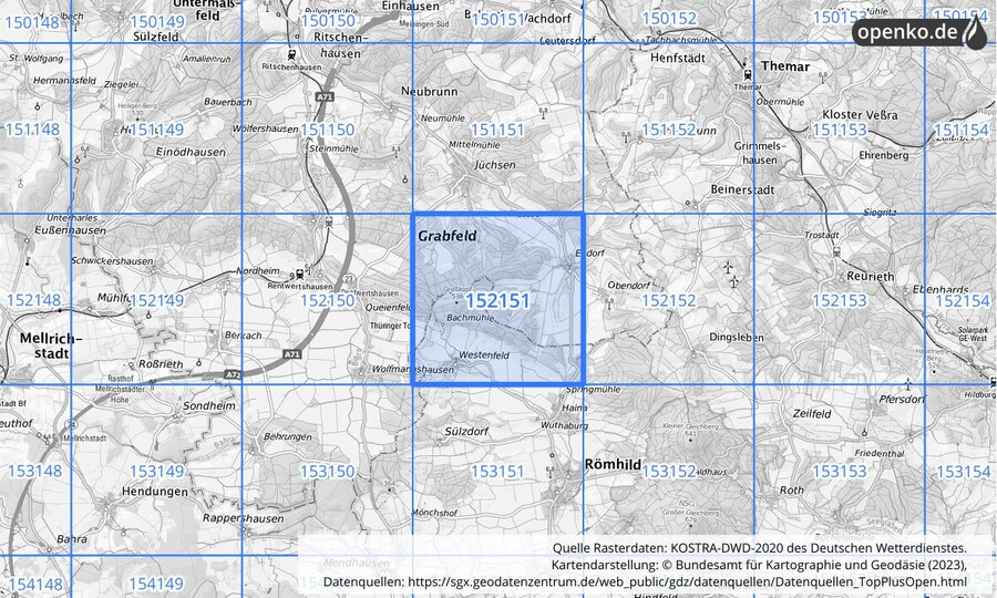 Übersichtskarte des KOSTRA-DWD-2020-Rasterfeldes Nr. 152151