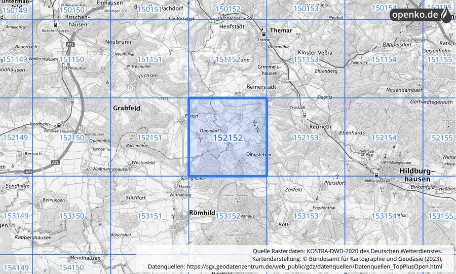 Übersichtskarte des KOSTRA-DWD-2020-Rasterfeldes Nr. 152152