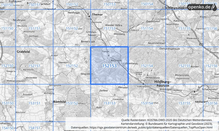 Übersichtskarte des KOSTRA-DWD-2020-Rasterfeldes Nr. 152153