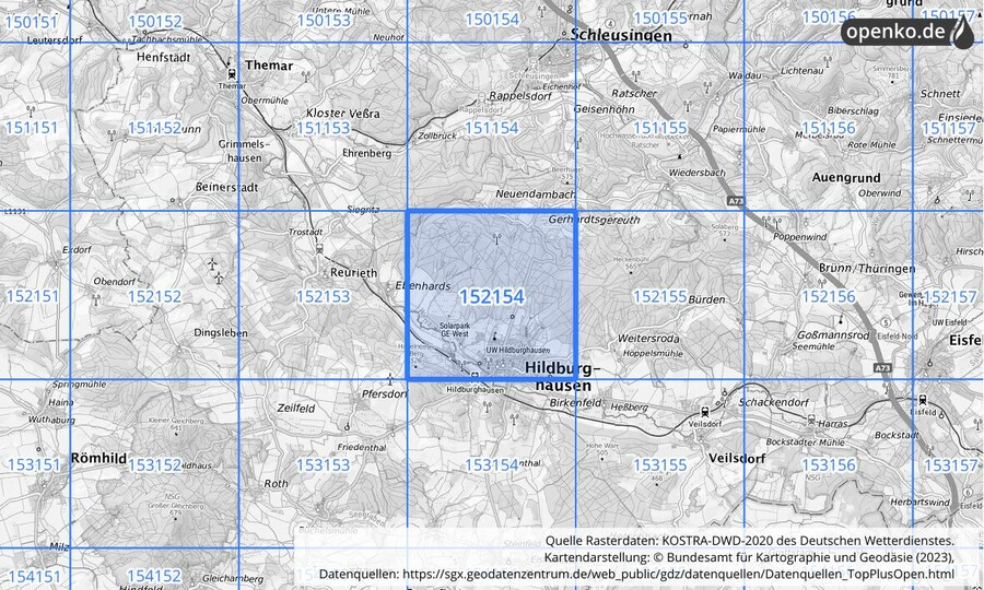 Übersichtskarte des KOSTRA-DWD-2020-Rasterfeldes Nr. 152154