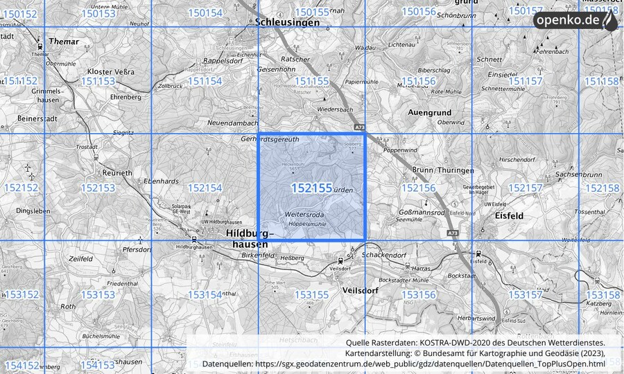 Übersichtskarte des KOSTRA-DWD-2020-Rasterfeldes Nr. 152155