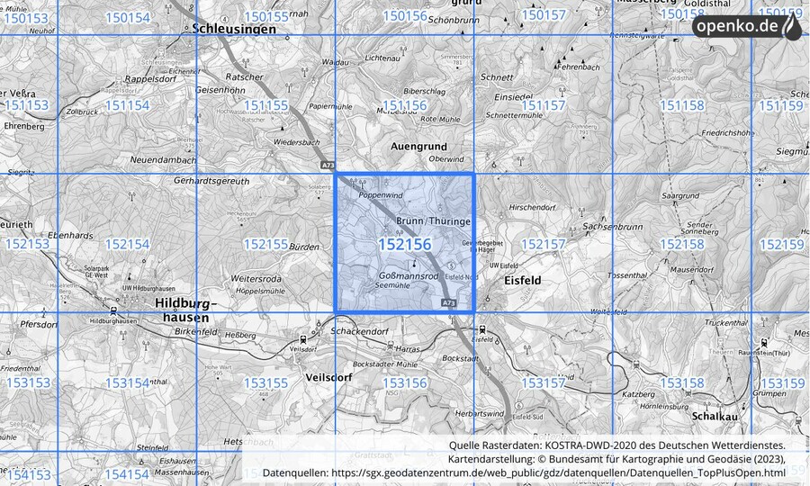 Übersichtskarte des KOSTRA-DWD-2020-Rasterfeldes Nr. 152156