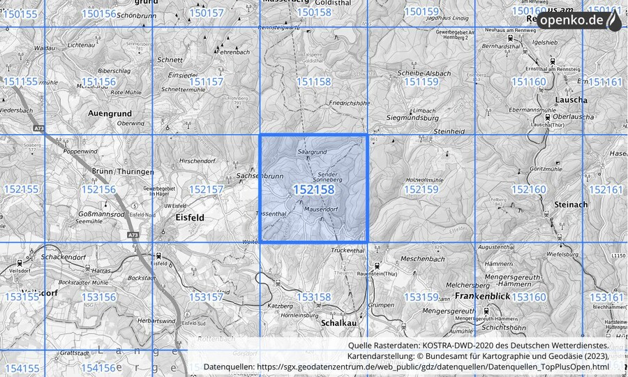 Übersichtskarte des KOSTRA-DWD-2020-Rasterfeldes Nr. 152158