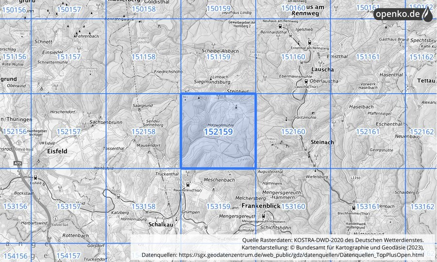 Übersichtskarte des KOSTRA-DWD-2020-Rasterfeldes Nr. 152159