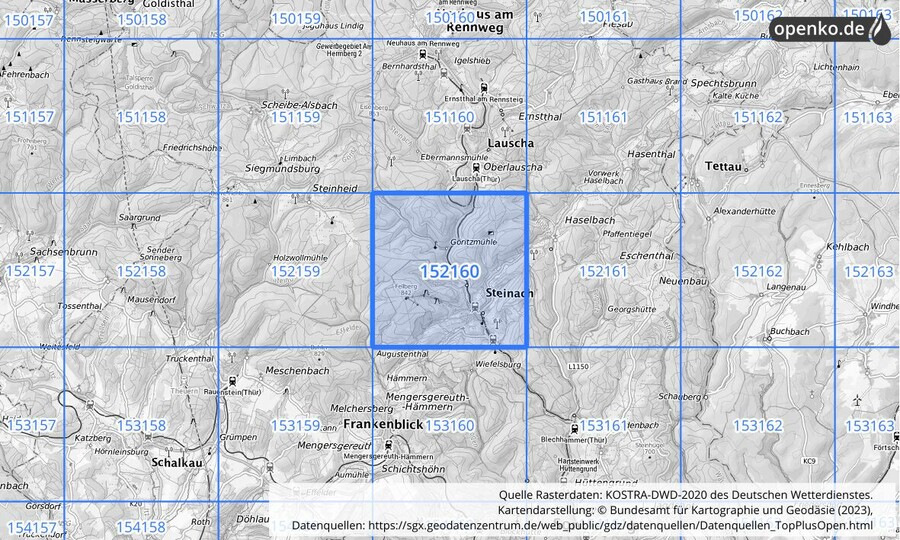Übersichtskarte des KOSTRA-DWD-2020-Rasterfeldes Nr. 152160