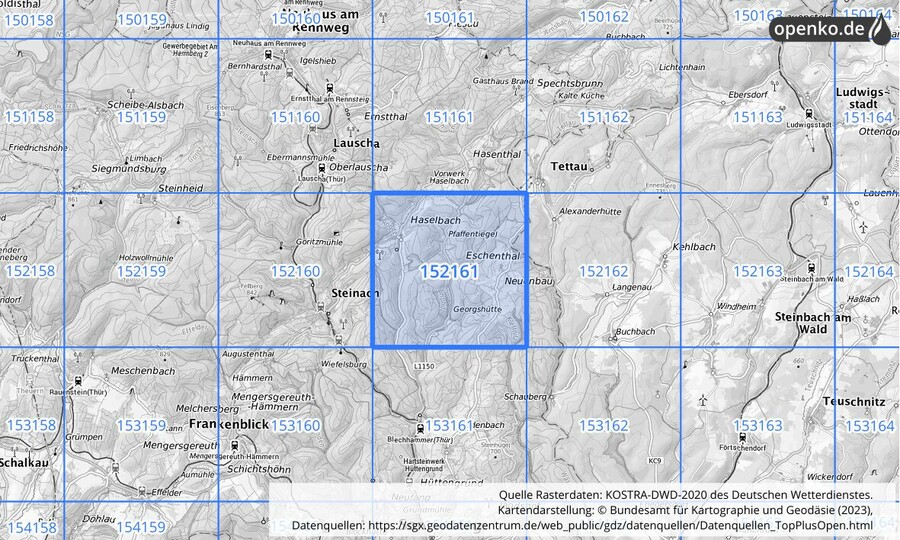 Übersichtskarte des KOSTRA-DWD-2020-Rasterfeldes Nr. 152161